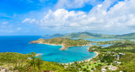 View of English Harbor from Shirley Heights, Antigua, paradise bay at tropical island in the Caribbean Sea
