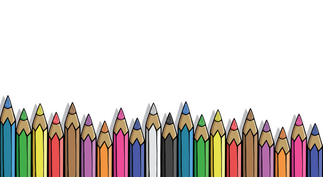 Drawing of colored pencils set on white background in doodle style. Sort of stationery on board. Concept for education
