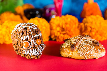 Day of the dead celebration - Skulls, Mexican marigold, bread