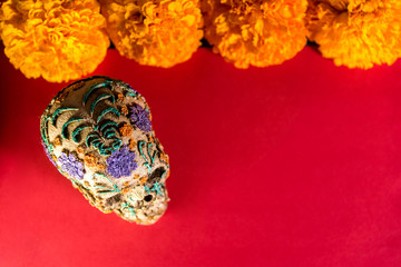 Day of the dead celebration - Skulls, Mexican marigold, bread