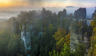 beautiful, misty morning in the Saxon Switzerland Park, Bastei