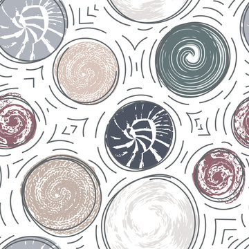 Seamless pattern with round textured stains. Abstract background with different circular prints. Spots, blots. Creative design. Can be used for wallpaper, textile, wrapping, card, cover. Vector, eps10