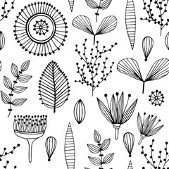 Floral seamless pattern. Hand drawn creative flowers. Lines and strips. Abstract herbs. Outline. Creative design. Can be used for wallpaper, textiles, wrapping, card, cover. Vector illustration, eps10