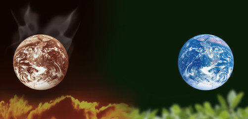 Earth problem with changing environment compare toblue planet earth on nature green.