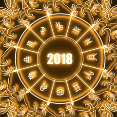 Astrological signs in the circle. Celebration card template. Neon shine illumination. Zodiac circle with 2018 new year number. 3D rendering
