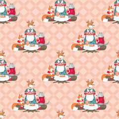 Christmas seamless pattern with the image of cute woodland animals. Vector background.