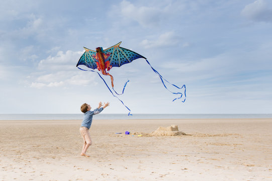 Boy flying dragon kite on the beach