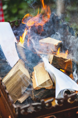 Chopped firewood lies in fire in grill close up