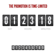 Analog ounter remaining time, flip clock timer. Mechanical clock for countdown isolated on white background. Template of flip countdown timer, clock counter. Set of numbers for timer, 3D illustration