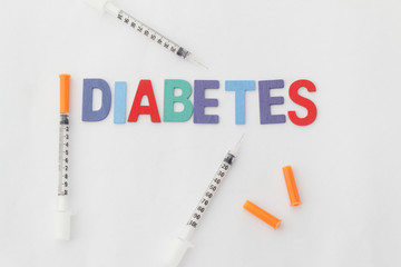 Word DIABETES and insulin syringes on isolated white background