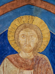 Ancient ultramarine mural of Jesus Christ, the pantocrator or majesties domini