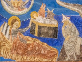 The holy family in the stable, a medieval wall-painting © Stig Alenas
