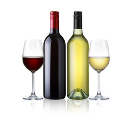 bottles and glasses of white and red wine isolated on white background. red and white wine, mix two kind of wine with clip path