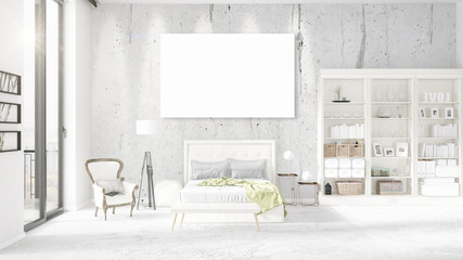 Fashionable modern loft interior with empty frame and copyspace in horizontal arrangement. 3D rendering.
