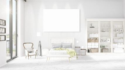 Fashionable modern loft interior with empty frame and copyspace in horizontal arrangement. 3D rendering.