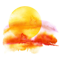 Watercolor pattern, illustration on white isolated background. Sunset, dawn, yellow sun on a yellow, orange, red sky with clouds.Vintage illustration.
Watercolor beautiful background. - obrazy, fototapety, plakaty