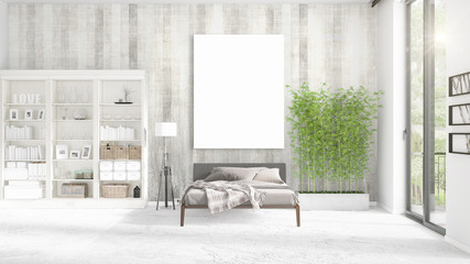 Fashionable modern loft interior with empty frame and copyspace in horizontal arrangement. 3D rendering.