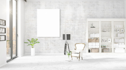 Fashionable modern loft interior with empty frame and copyspace in horizontal arrangement. 3D rendering.