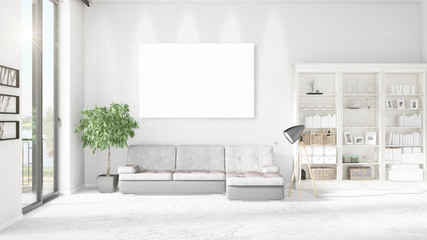 Fashionable modern loft interior with empty frame and copyspace in horizontal arrangement. 3D rendering.