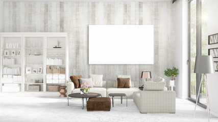 Fashionable modern loft interior with empty frame and copyspace in horizontal arrangement. 3D rendering.