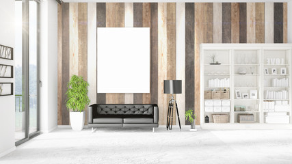 Fashionable modern loft interior with empty frame and copyspace in horizontal arrangement. 3D rendering.