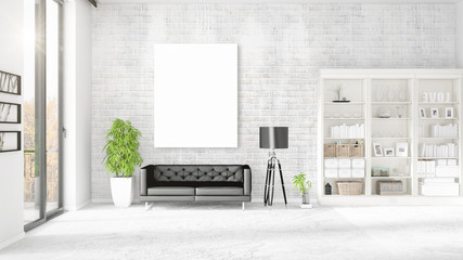 Fashionable modern loft interior with empty frame and copyspace in horizontal arrangement. 3D rendering.