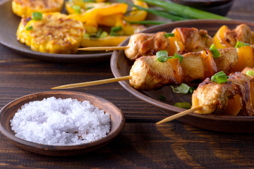 Closeup kebab from chicken meat