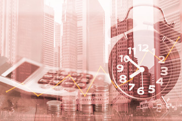Double exposure of alarm clock and step of coins stacks with financial graph, time for savings money concept,