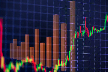 Candle stick graph chart with indicator showing bullish point or bearish point, up trend or down trend of price of stock market or stock exchange trading, investment concept.