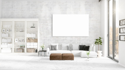 Fashionable modern loft interior with empty frame and copyspace in horizontal arrangement. 3D rendering.