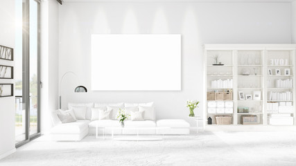 Panoramic view in interior with white leather couch, empty frame and copyspace in horizontal arrangement. 3D rendering.