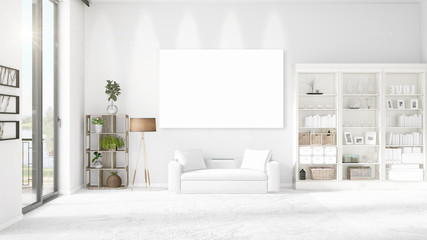 Panoramic view in interior with white leather couch, empty frame and copyspace in horizontal arrangement. 3D rendering.