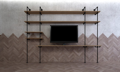 The interior design idea of minimal living room and wood wall pattern background and lcd tv shelf