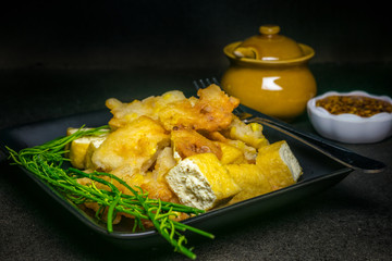 Fried tofu with bean Sauce and vegetable on dark background