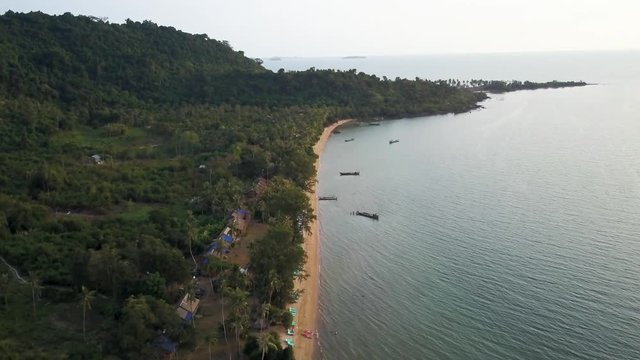 Aerial camera pushes in showing an island paradise of Rabbit Island, Cambodia.