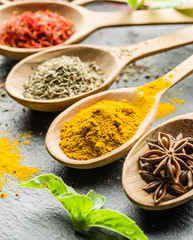 Assortment of colorful spices in the wooden spoons.
