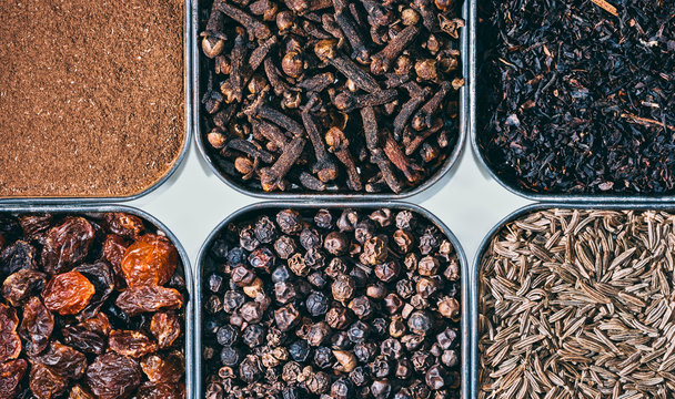 Spices background - cinnamon, cumin, pepper, clove