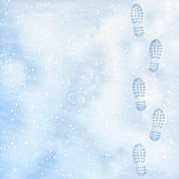 Clear deep footprints on white winter snow of a pair of boots. Track in snow. Overhead view. Texture of snow surface. Vector illustration background.
