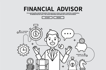 Flat line vector editable graphic illustration, business finance concept, financial advisor