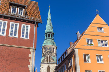 Colorful houses and church tower in Hannover