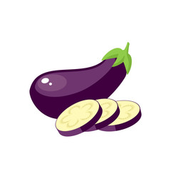 Vegetables. Eggplant, whole fruit and slices. Vector illustration cartoon flat icon isolated on white.