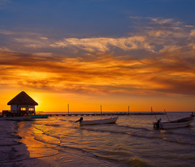 Fototapeta na wymiar Holbox Island pier hut sunset beach in Mexico