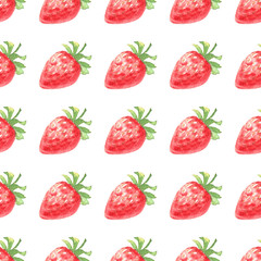 Hand drawn watercolor strawberry seamless background, on white backdrop. Food repeating pattern.