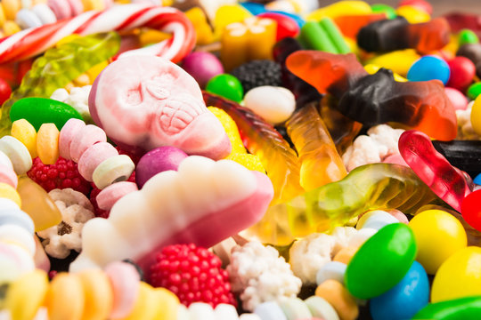 Closeup skull candy with colorful candies for halloween