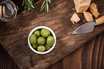 Green olives in bowl,spanish tapa bar food