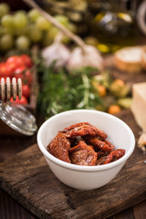 Dried tomatos in olive oil ,spanish tapa bar food
