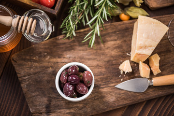 Dark olives in bowl,spanish tapa bar food