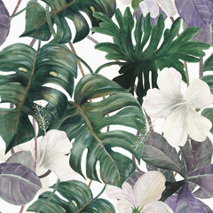 Watercolor seamless tropical pattern with exotic plants. Palm and deliciosa leaves. Jungle.