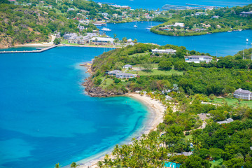 Fototapeta na wymiar View of English Harbor from Shirley Heights, Antigua, paradise bay at tropical island in the Caribbean Sea