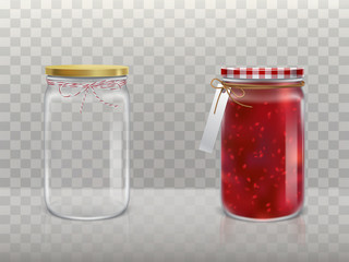 A set of vector illustrations in a realistic style of glass round jars is empty and with raspberry jam covered with a lid and bandaged twine and a label. Template, element for design.